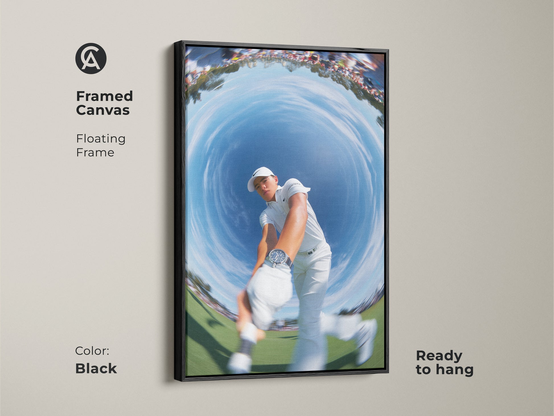 Framed canvas artwork featuring a golfer swinging with a fisheye perspective. The floating frame adds a touch of elegance. It is ready to hang in any room. The black frame color complements the modern style. Perfect for golf fans.