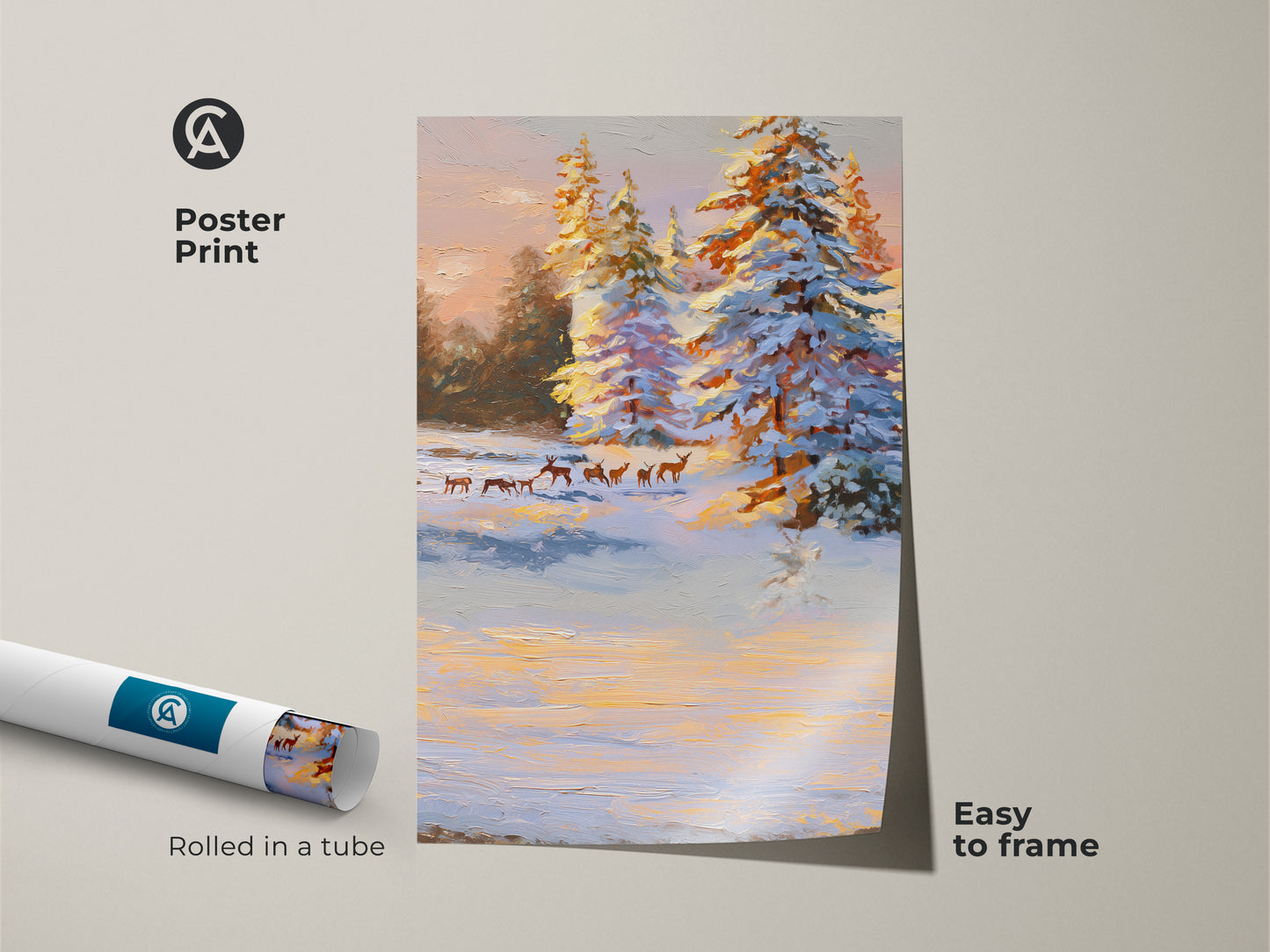 This is a poster print of a snowy winter landscape artwork. It shows deer near snow covered pine trees. The nature art is easy to frame. The print features an impressionist wildlife scene. This is perfect for cabin decor.