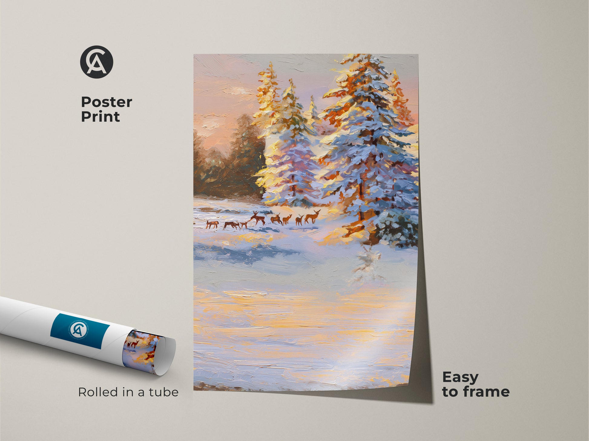 This is a poster print of a snowy winter landscape artwork. It shows deer near snow covered pine trees. The nature art is easy to frame. The print features an impressionist wildlife scene. This is perfect for cabin decor.