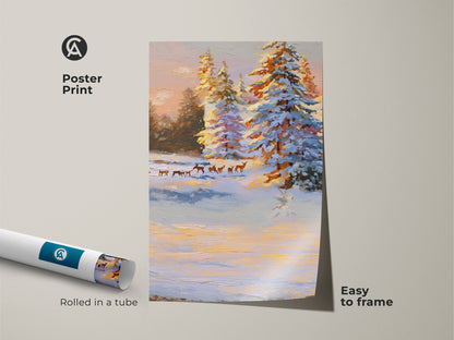 This is a poster print of a snowy winter landscape artwork. It shows deer near snow covered pine trees. The nature art is easy to frame. The print features an impressionist wildlife scene. This is perfect for cabin decor.