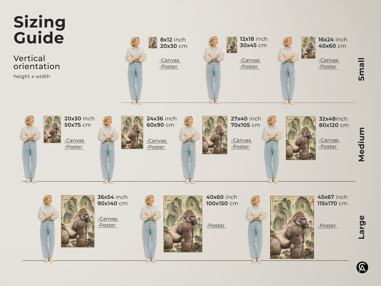 Sizing guide for the mountain gorilla art print. Vertical orientation height x width. Available in canvas and poster options. Sizes range from small to medium to large. Perfect eclectic animal artwork.