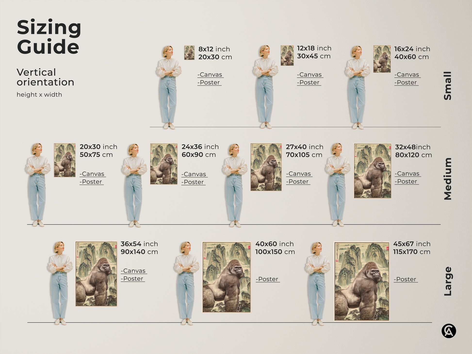Sizing guide for the mountain gorilla art print. Vertical orientation height x width. Available in canvas and poster options. Sizes range from small to medium to large. Perfect eclectic animal artwork.