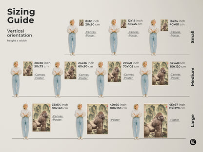 Sizing guide for the mountain gorilla art print. Vertical orientation height x width. Available in canvas and poster options. Sizes range from small to medium to large. Perfect eclectic animal artwork.