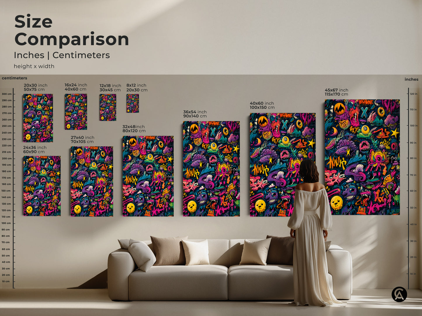 Size comparison of graffiti artwork prints. See how different sizes fit in a living space. Choose from various sizes to suit your wall art needs. Visualize the impact of this colorful art in your home. Find the perfect size to complement your decor.