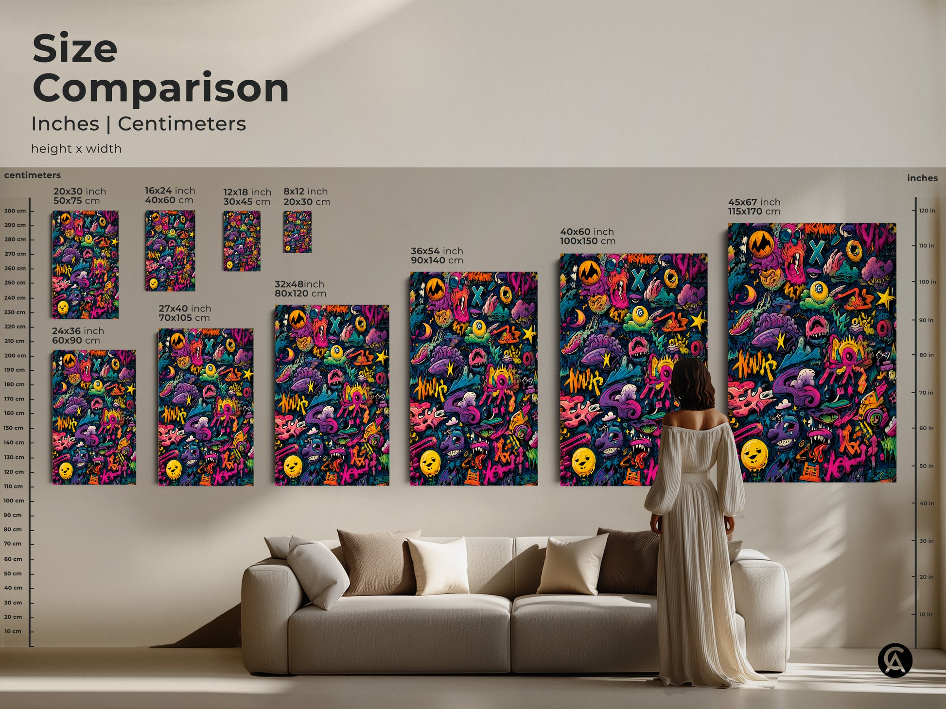 Size comparison of graffiti artwork prints. See how different sizes fit in a living space. Choose from various sizes to suit your wall art needs. Visualize the impact of this colorful art in your home. Find the perfect size to complement your decor.