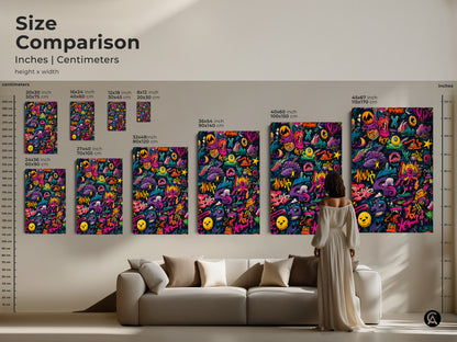 Size comparison of graffiti artwork prints. See how different sizes fit in a living space. Choose from various sizes to suit your wall art needs. Visualize the impact of this colorful art in your home. Find the perfect size to complement your decor.