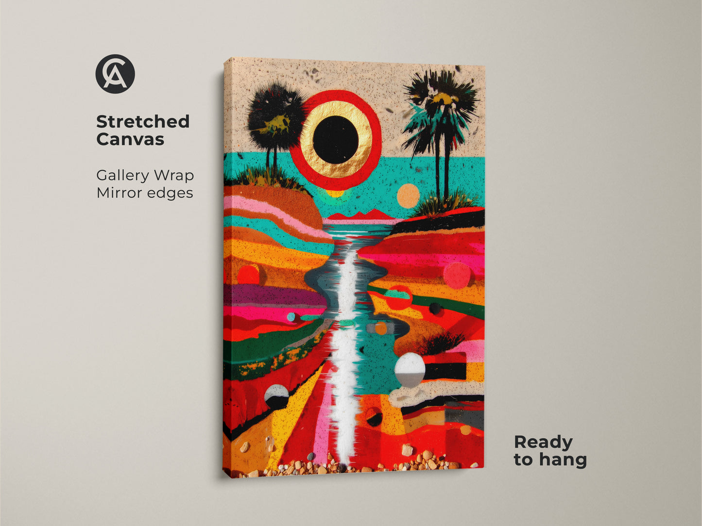 A stretched canvas presents abstract landscape wall art. The boho palm tree print features crimson gold teal artwork. This mid-century modern art decor is ready to hang. The gallery wrap has mirror edges offering a clean vibrant look.