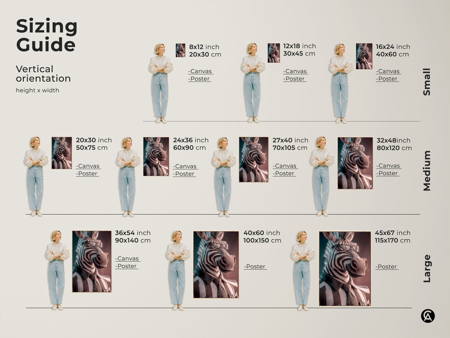 Sizing guide for vertical zebra businessman art. Visual guide shows sizes for canvas and poster prints. Ranging from small medium to large. Sizes from 8x12 inch to 45x67 inch available for zebra prints.