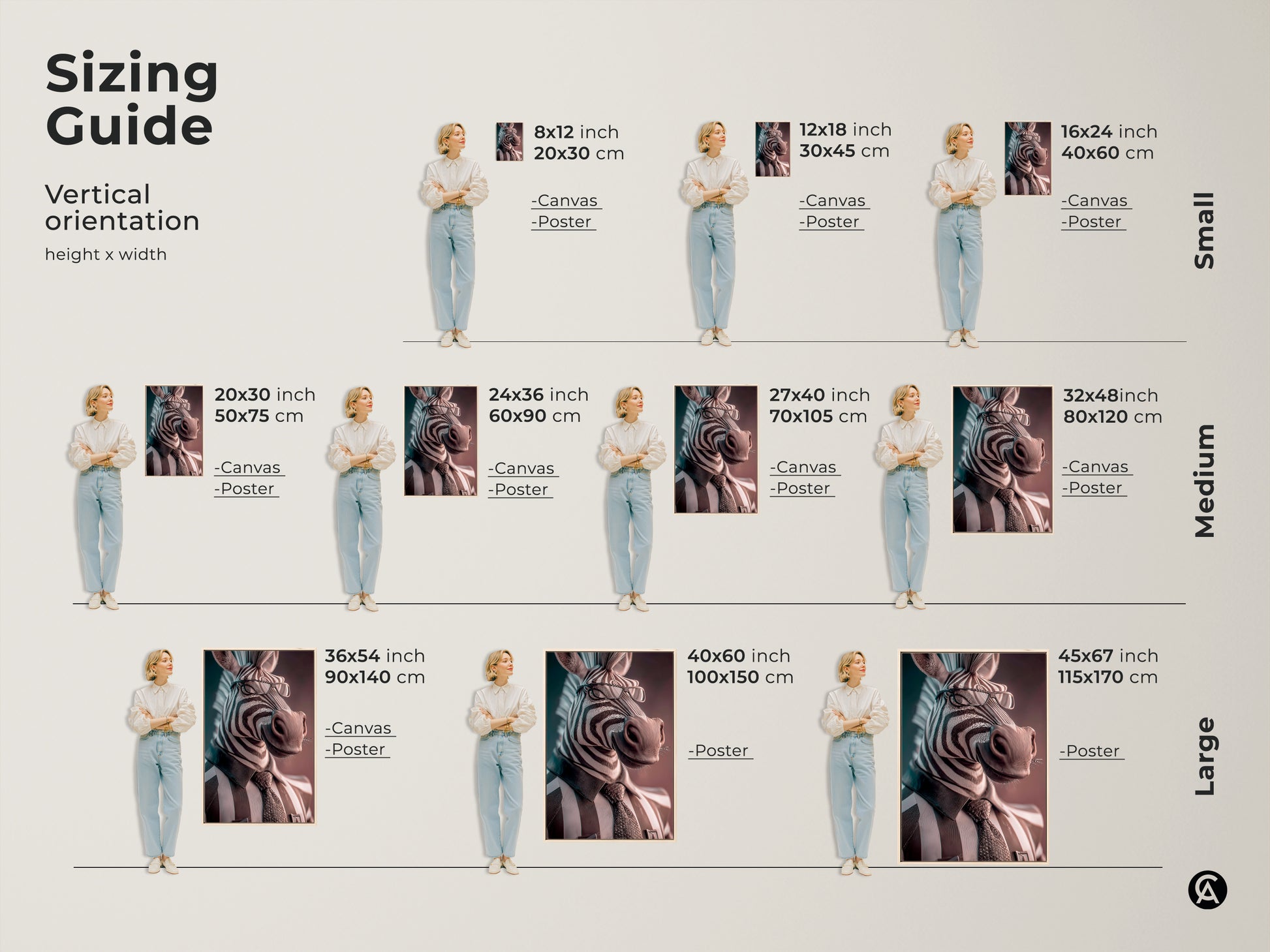 Sizing guide for vertical zebra businessman art. Visual guide shows sizes for canvas and poster prints. Ranging from small medium to large. Sizes from 8x12 inch to 45x67 inch available for zebra prints.