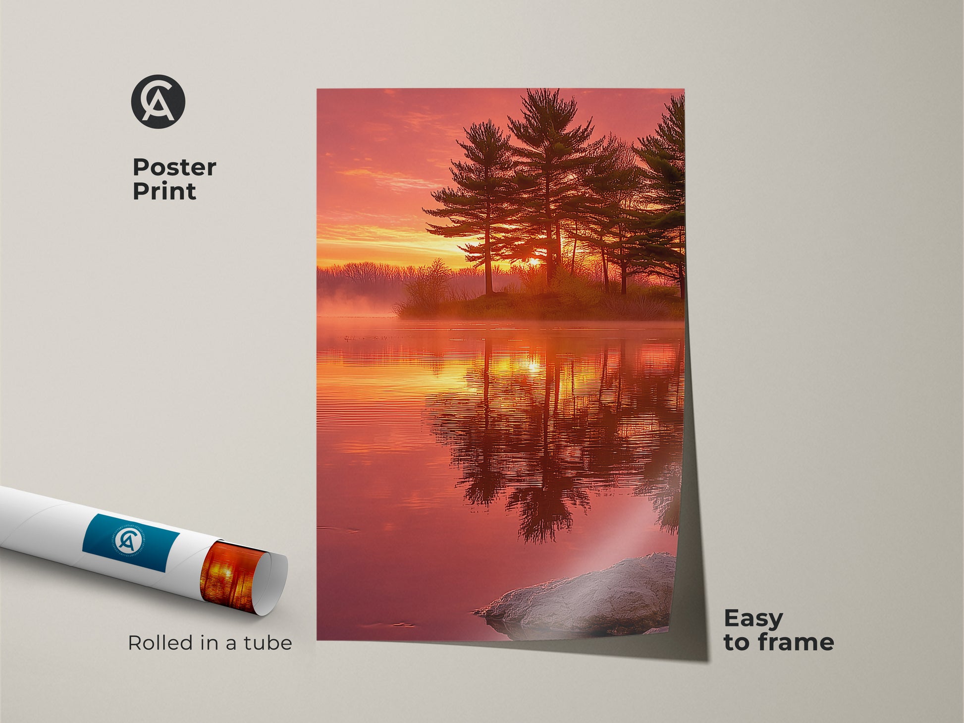 Poster print featuring a sunset over a misty lake with silhouetted pine trees. This nature landscape art is easy to frame. The rustic wall decor showcases a golden hour scenic view. The water reflection photography adds tranquility. It's ideal for nature lovers.