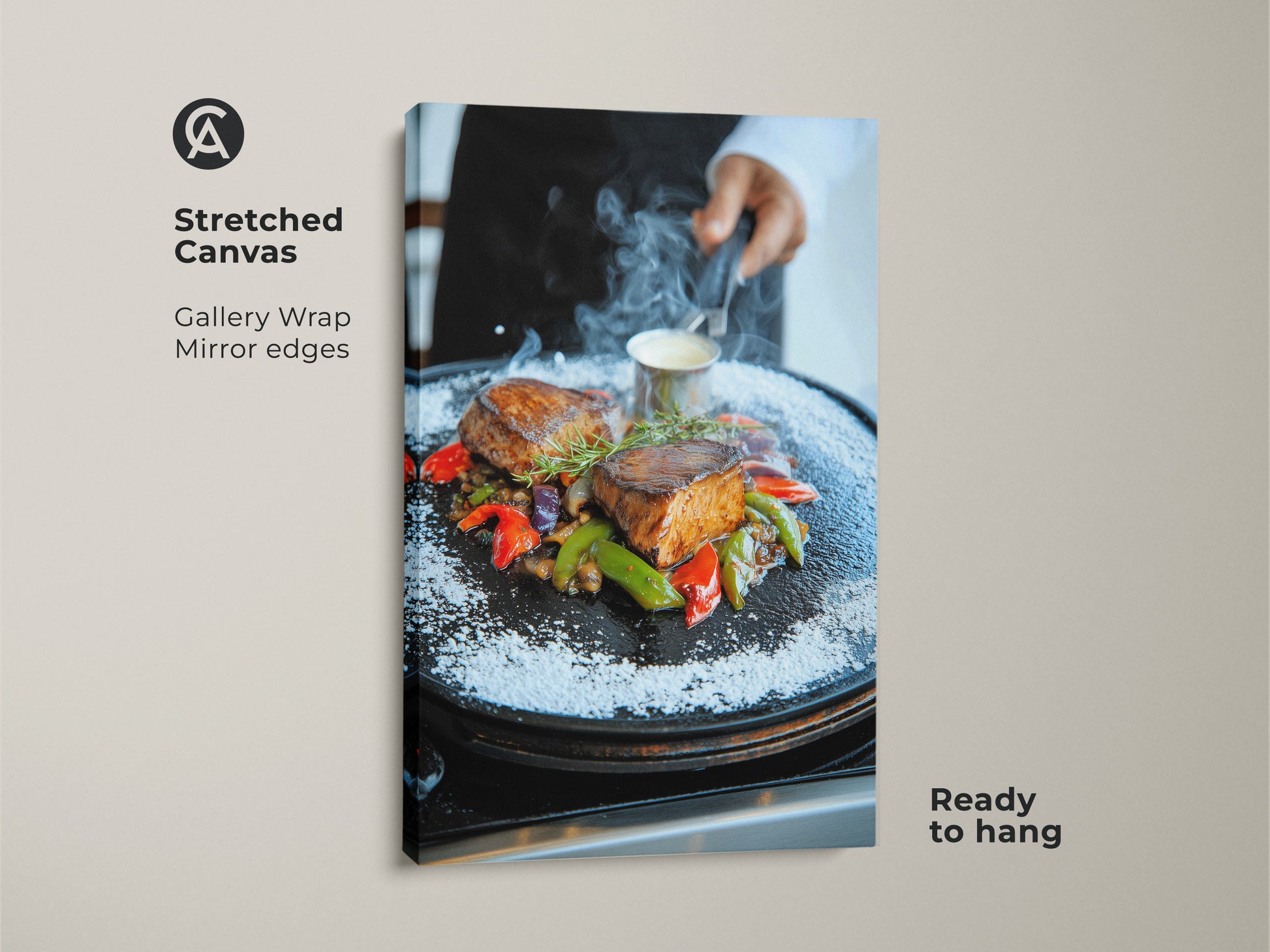 Stretched Canvas Print of Gourmet Filet Mignon. Ready to hang this gallery-wrapped artwork features a photorealistic steak with vibrant vegetables. Ideal for modern kitchen wall art. Mirror edges enhance the contemporary feel.