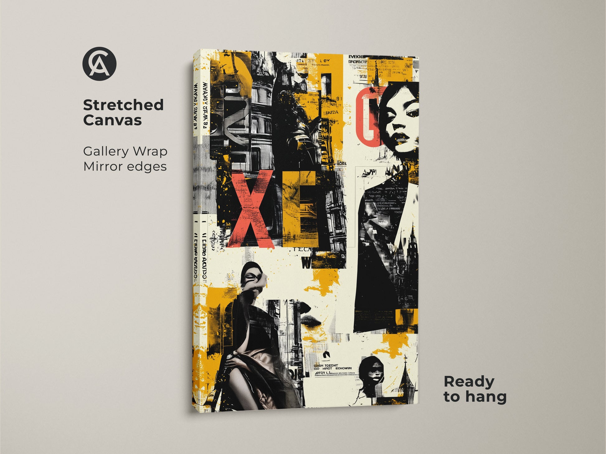 Stretched Canvas of Graffiti Woman Face artwork. Gallery wrapped with mirror edges this urban collage art features yellow black eclectic colors. Ready to hang it brings a modern touch to any space.