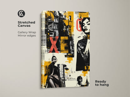 Stretched Canvas of Graffiti Woman Face artwork. Gallery wrapped with mirror edges this urban collage art features yellow black eclectic colors. Ready to hang it brings a modern touch to any space.