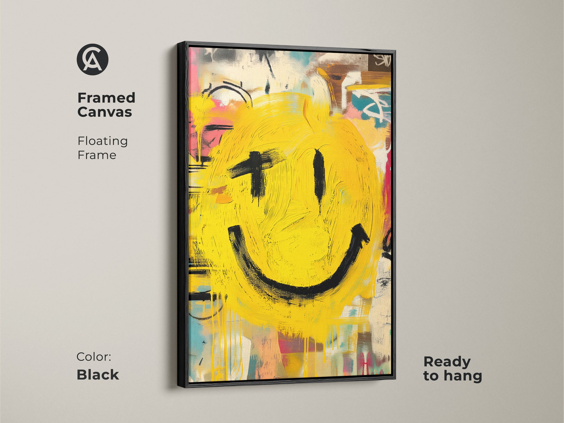 Elevate your space with this framed canvas featuring a bold smiley face. The floating frame adds a touch of sophistication. Ready to hang this black-framed artwork is perfect for any room. The bright yellow smiley face brings a playful and modern vibe. Add this unique piece to your art collection today