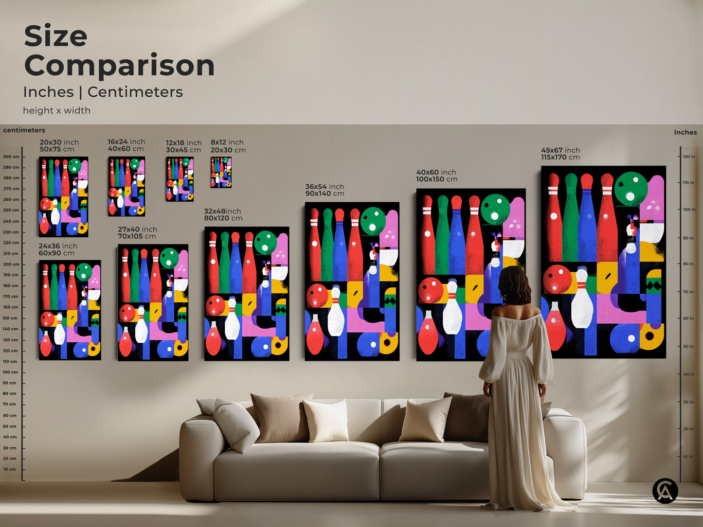 Size comparison of abstract geometric canvas art prints. See the bowling-themed mid-century modern artwork in various dimensions. It is perfect for eclectic home decor. Ideal for game rooms or as a unique sports gift. The sizes range from small to large to fit any residential wall or home bar space.