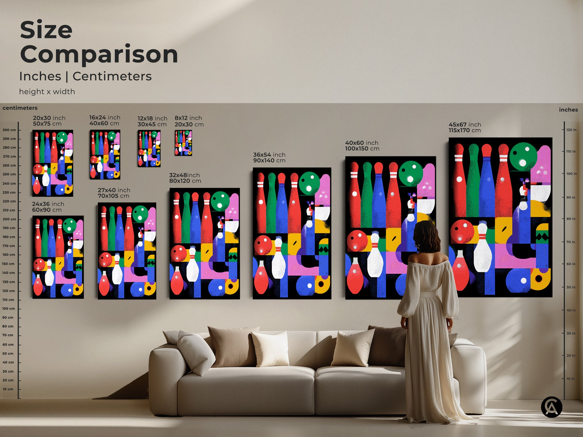 Size comparison of abstract geometric canvas art prints. See the bowling-themed mid-century modern artwork in various dimensions. It is perfect for eclectic home decor. Ideal for game rooms or as a unique sports gift. The sizes range from small to large to fit any residential wall or home bar space.