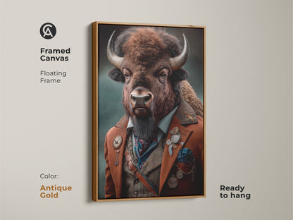 The steampunk bison artwork is presented in an antique gold floating frame. This Victorian-style bison canvas enhances eclectic decor. It is perfect for adding personality to a study or office. This anthropomorphic animal portrait makes a unique gift idea. It is a blend of fantasy and historical art.