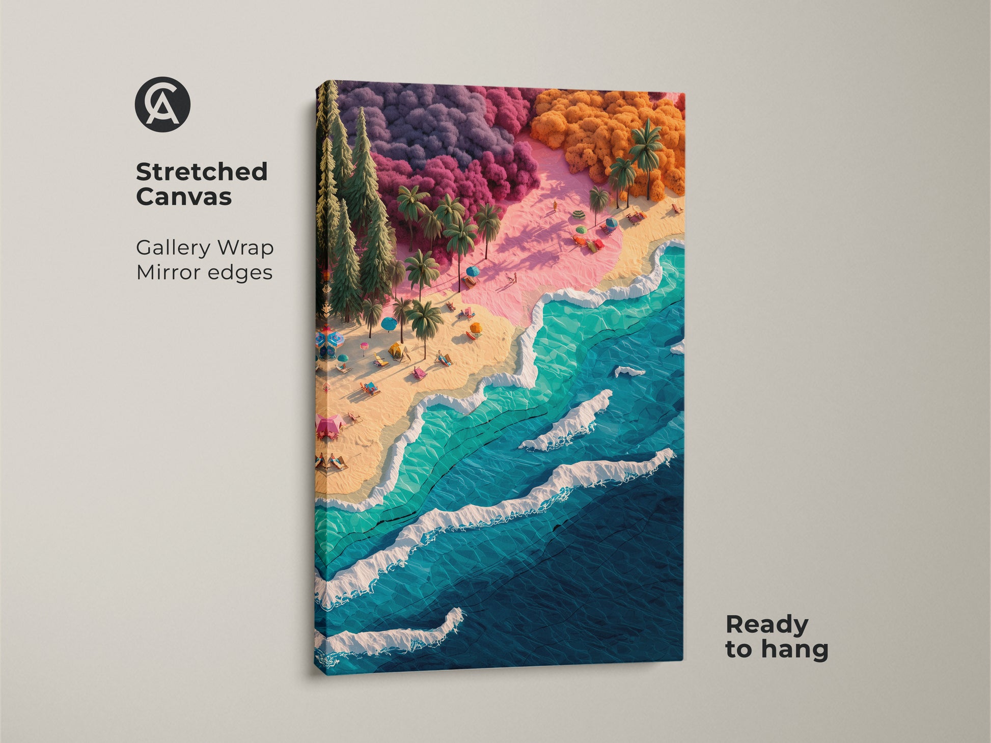 Stretched canvas artwork of a tropical beach. Gallery-wrapped with mirrored edges this artwork is ready to hang. Vivid colors show a beach with teal water. See palm trees and tiny beachgoers in this fun art.