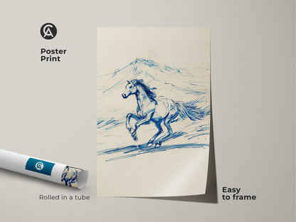 A poster print displays a dynamic blue line art horse against a white backdrop. The rustic landscape art features a running horse ideal for animal wall decor. Easy to frame this equestrian sketch print is rolled in a tube for convenient display.