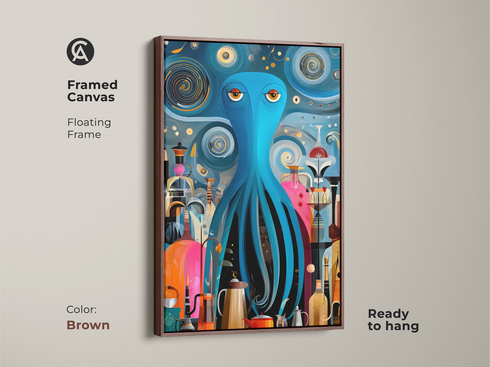 A framed canvas in brown displays a teal and orange octopus art print. This mid-century modern artwork features a floating frame and is ready to hang. The abstract kitchen wall decor adds an eclectic touch. A unique coffee lover gift providing retro surrealism to any space. The colorful artistic print makes a great housewarming present.