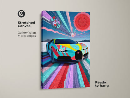 Stretched canvas art print of an abstract Bugatti Vision car. The gallery wrapped canvas has mirror edges and is ready to hang. This colorful automotive art features a vibrant color palette. Perfect as modern wall decor for car lovers and enthusiasts.