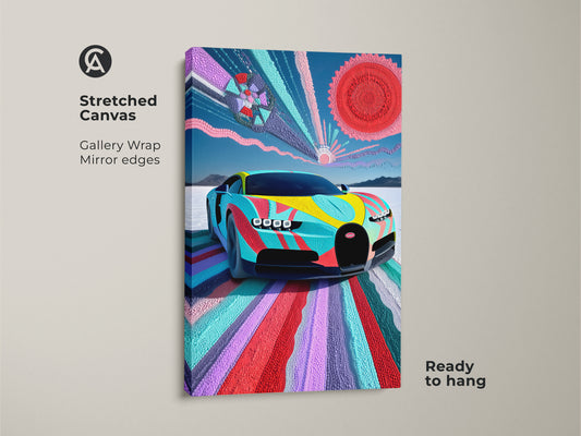 Stretched canvas art print of an abstract Bugatti Vision car. The gallery wrapped canvas has mirror edges and is ready to hang. This colorful automotive art features a vibrant color palette. Perfect as modern wall decor for car lovers and enthusiasts.