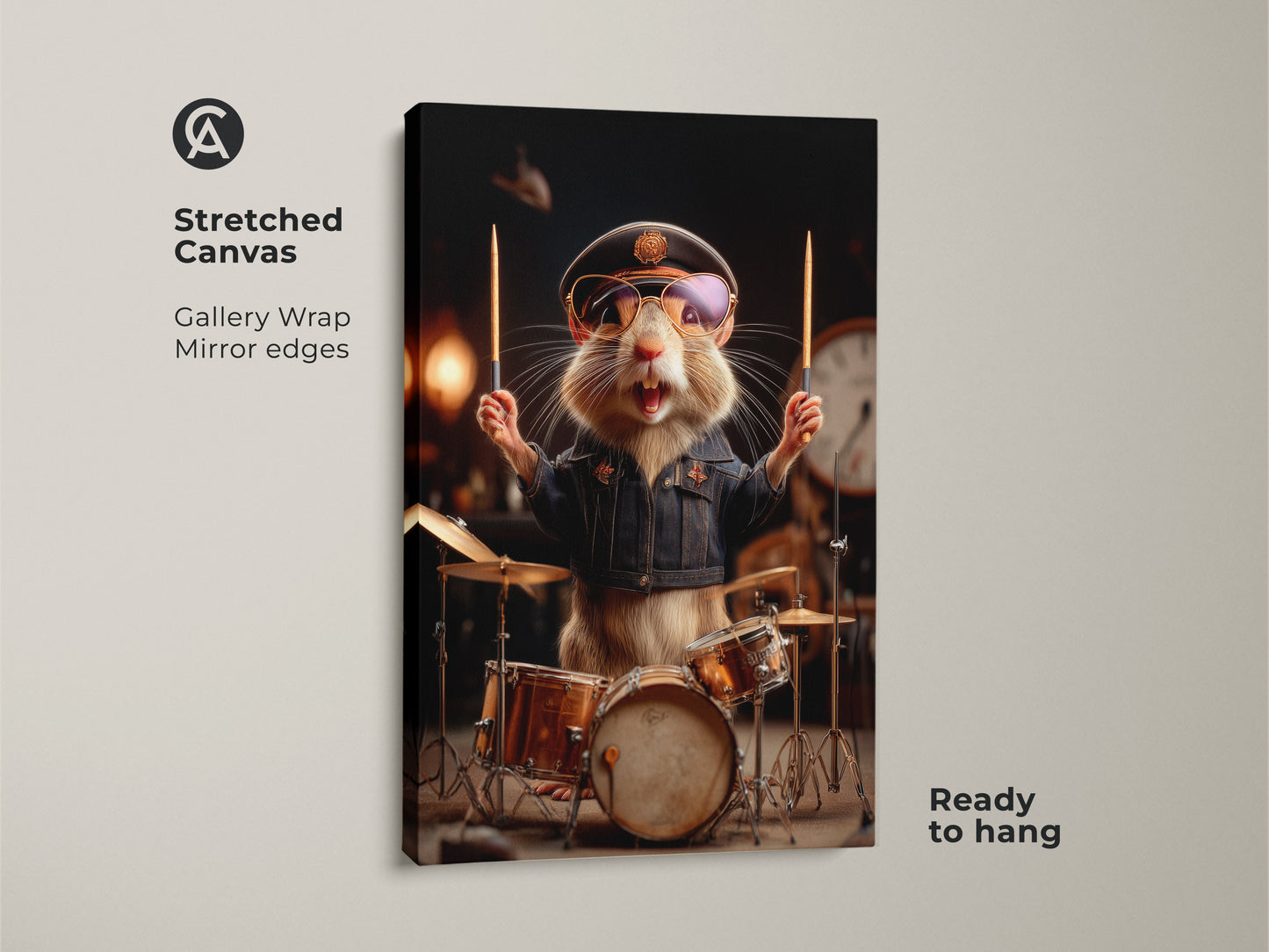 This stretched canvas showcases a cool hamster drummer. It’s ready to hang and gallery wrapped. The mirror edges enhance the rockstar animal art. This drum set canvas print makes band practice decor fun.