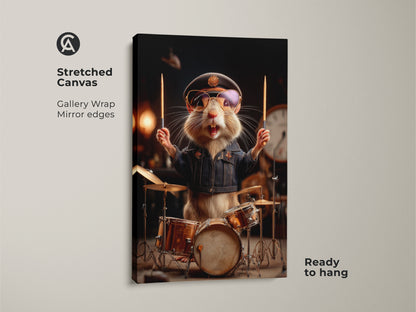 This stretched canvas showcases a cool hamster drummer. It’s ready to hang and gallery wrapped. The mirror edges enhance the rockstar animal art. This drum set canvas print makes band practice decor fun.