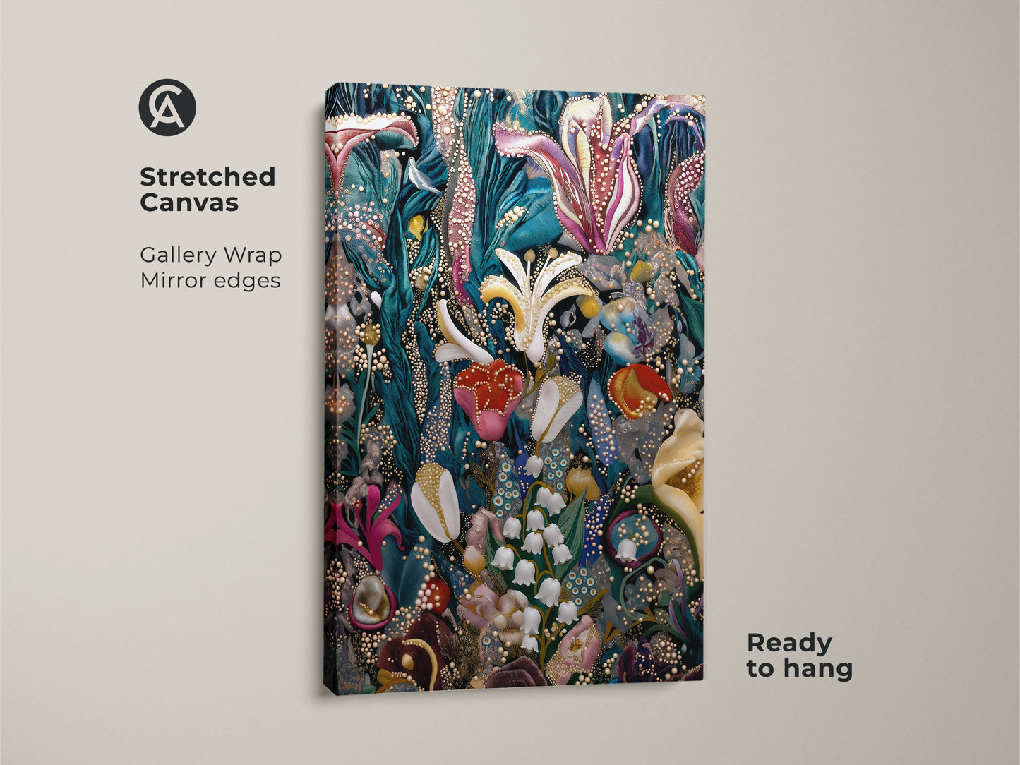 A stretched canvas featuring surreal botanical artwork. This gallery wrapped canvas showcases Lily of the Valley and Tulip floral art. The deep green pink and teal colors create a fantasy wall decor. Ready to hang this eclectic artwork adds a touch of nature and whimsy.