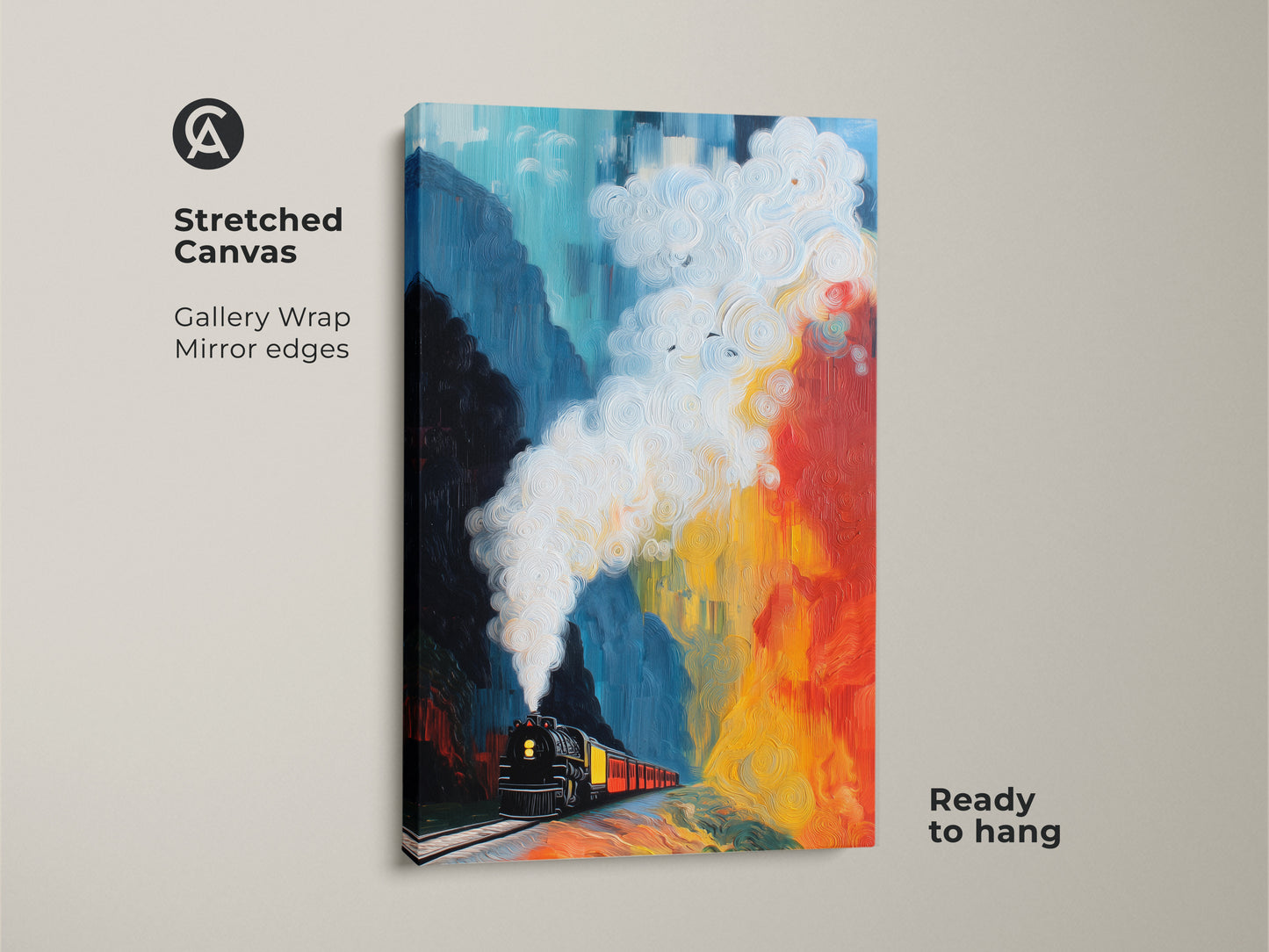 Stretched canvas art showcasing a steam train in an abstract mountain landscape. Gallery wrapped with mirror edges this teal red yellow art is ready to hang. This expressive print adds a touch of color to any space.