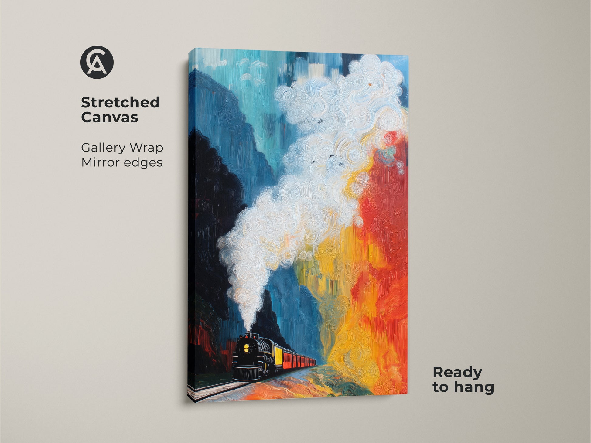 Stretched canvas art showcasing a steam train in an abstract mountain landscape. Gallery wrapped with mirror edges this teal red yellow art is ready to hang. This expressive print adds a touch of color to any space.
