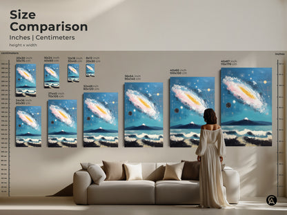 A model stands near a sofa with several abstract galaxy artwork examples hanging above. The Canvas Print features a captivating blend of abstract galaxy and mountain elements. Ideal for adding a unique touch to living spaces.
