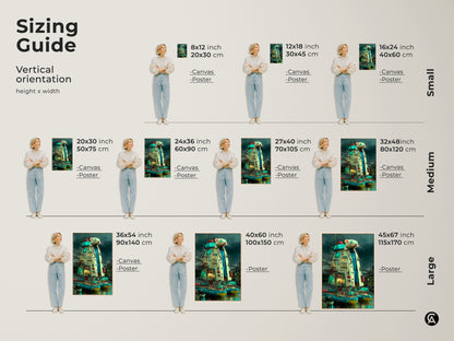 A sizing guide featuring vertical orientation. It shows the height and width in inches. It also shows the canvas art and poster art in sizes small medium and large. A woman stands next to each for comparison.