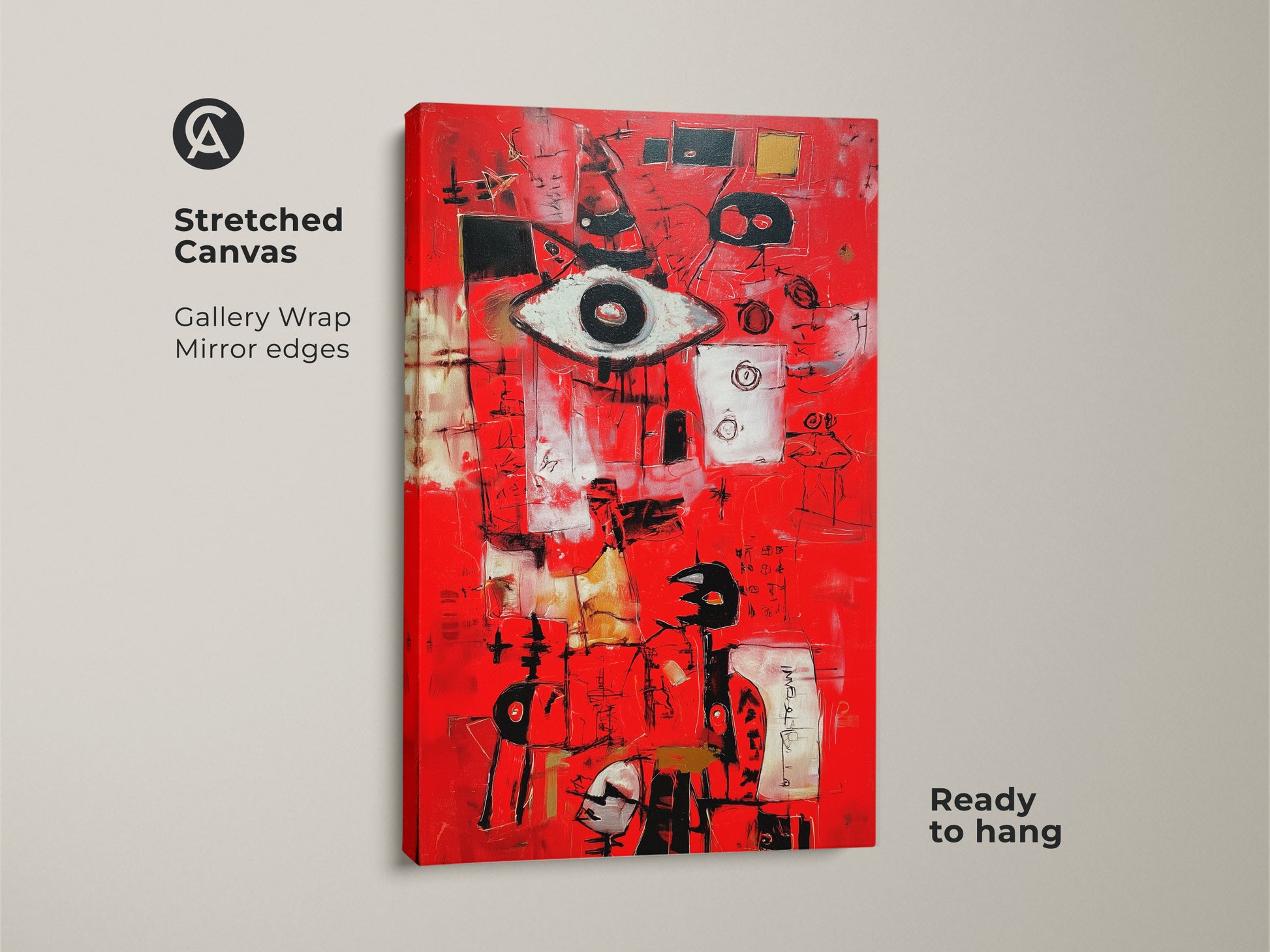 Vivid abstract artwork printed on a stretched canvas. The gallery wrap has mirrored edges. The red artwork is ready to hang. It features an eye symbol with abstract shapes. This modern painting enhances your home decor.