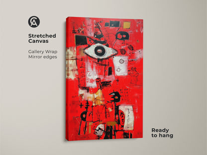 Vivid abstract artwork printed on a stretched canvas. The gallery wrap has mirrored edges. The red artwork is ready to hang. It features an eye symbol with abstract shapes. This modern painting enhances your home decor.