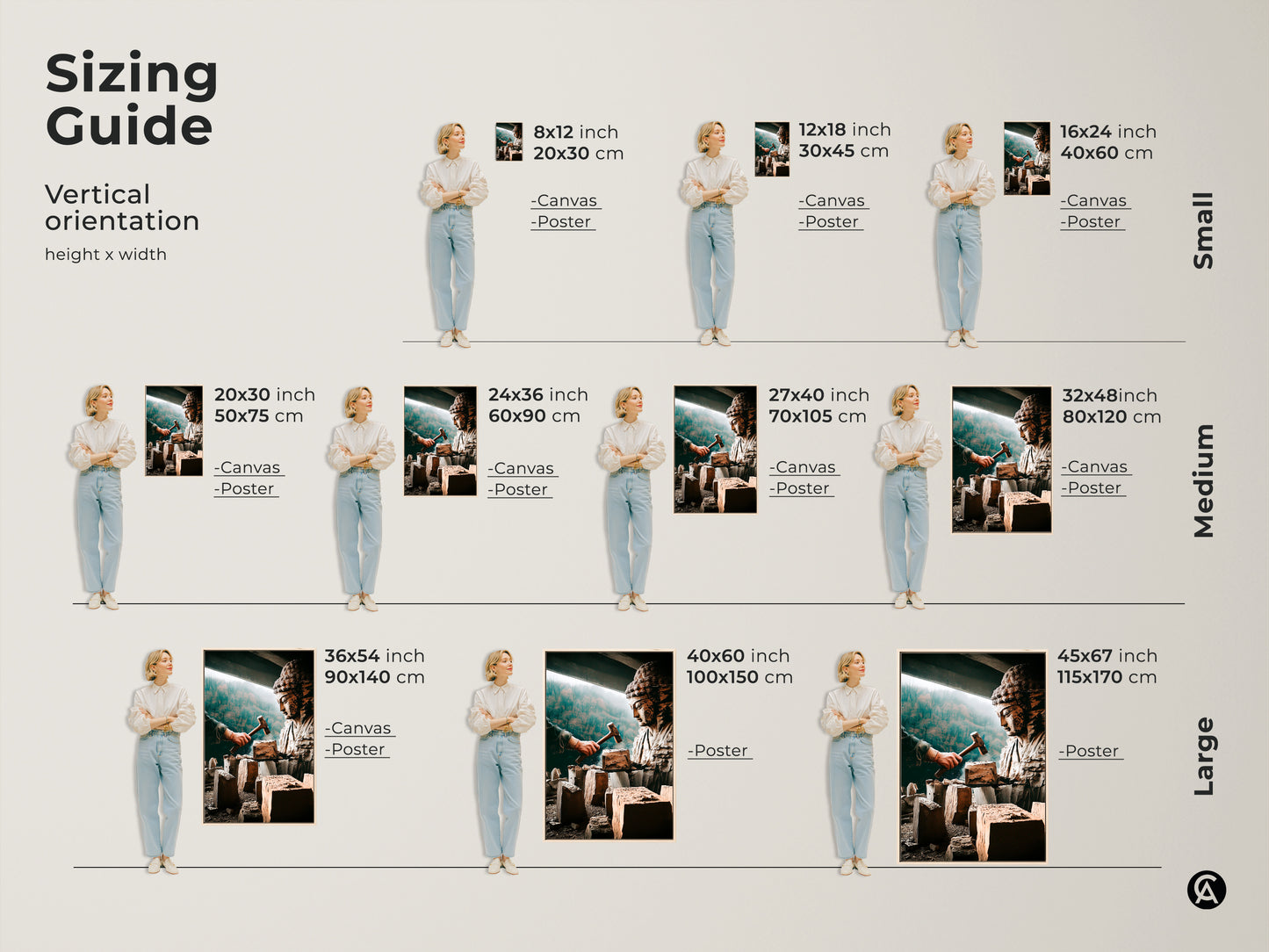 Sizing guide for spiritual Buddha sculpture art. Various vertical orientations and sizes are available. The artistic figurine canvas print is perfect for any space. Choose from canvas or poster options. Enhance your meditation room decor or study room wall art. Find the ideal fit for your home.
