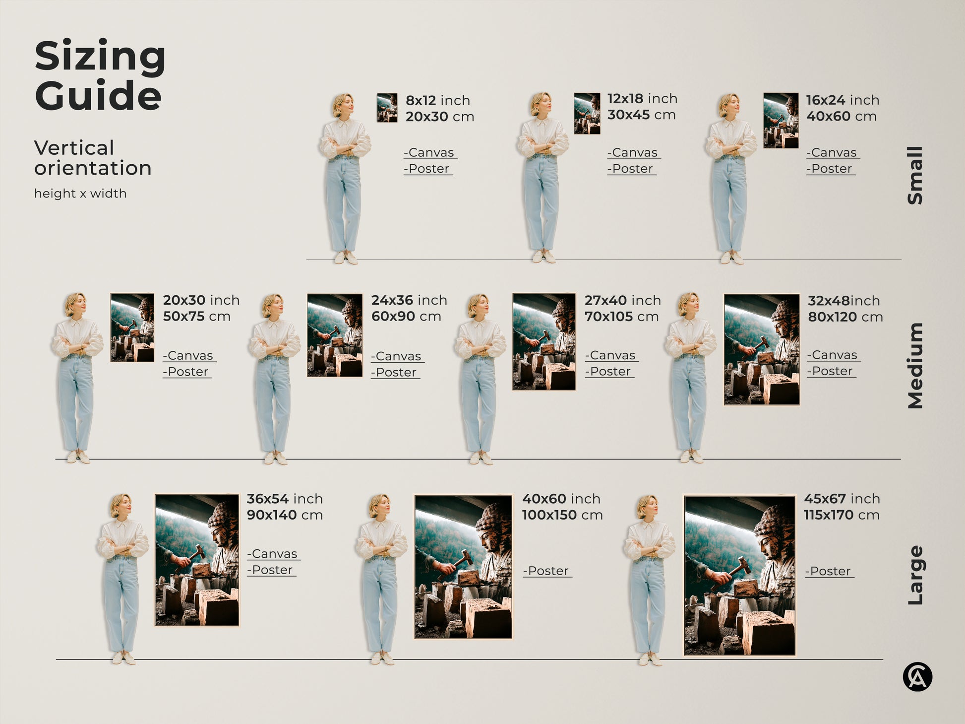 Sizing guide for spiritual Buddha sculpture art. Various vertical orientations and sizes are available. The artistic figurine canvas print is perfect for any space. Choose from canvas or poster options. Enhance your meditation room decor or study room wall art. Find the ideal fit for your home.
