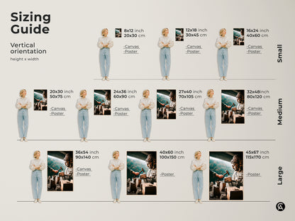 Sizing guide for spiritual Buddha sculpture art. Various vertical orientations and sizes are available. The artistic figurine canvas print is perfect for any space. Choose from canvas or poster options. Enhance your meditation room decor or study room wall art. Find the ideal fit for your home.