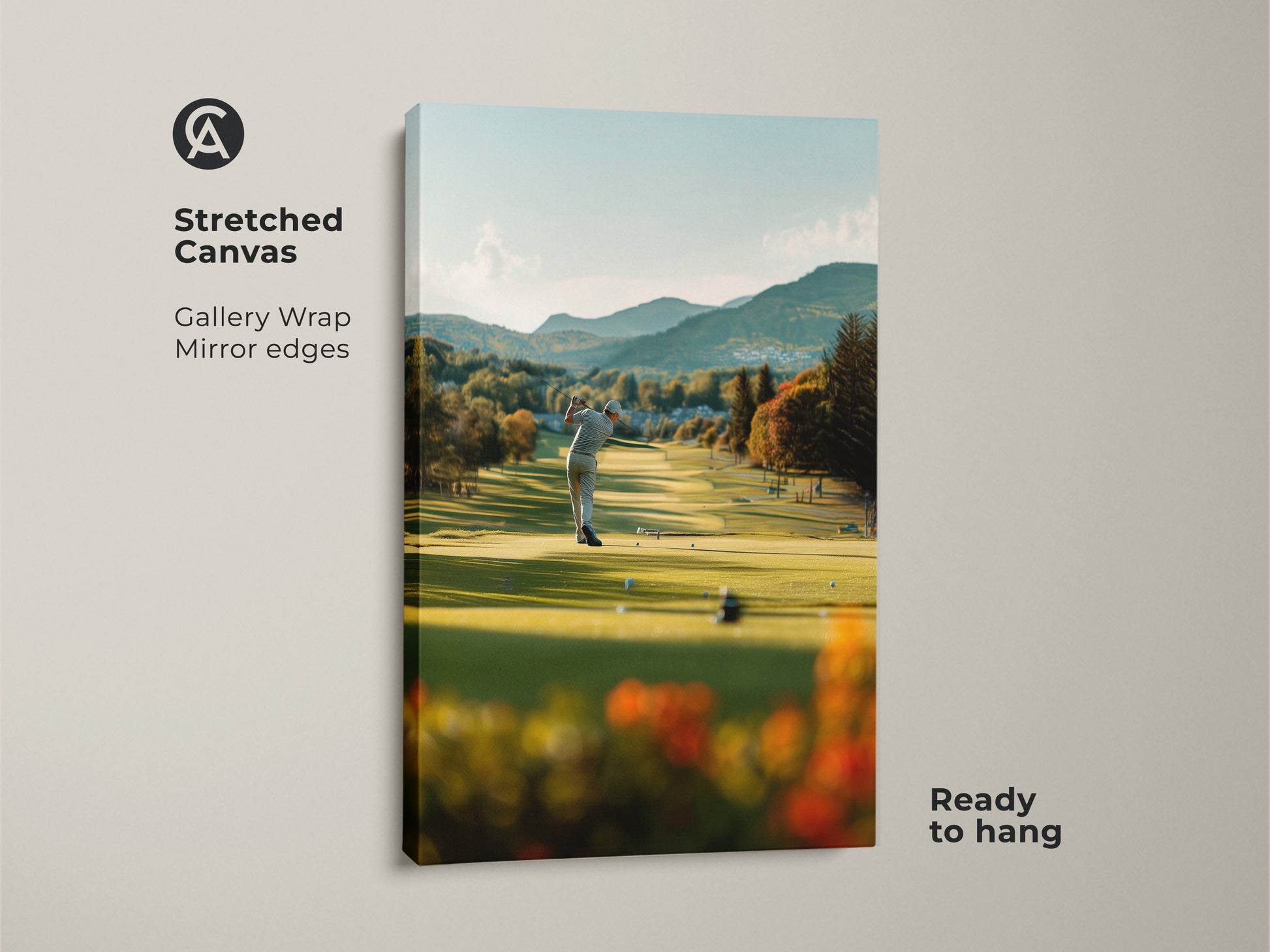 Stretched canvas artwork shows a golfer teeing off on a scenic course. The gallery wrap with mirrored edges enhances the immersive quality. This ready-to-hang art piece adds a touch of sophistication to any space. The stunning golf course landscape provides a calming backdrop.
