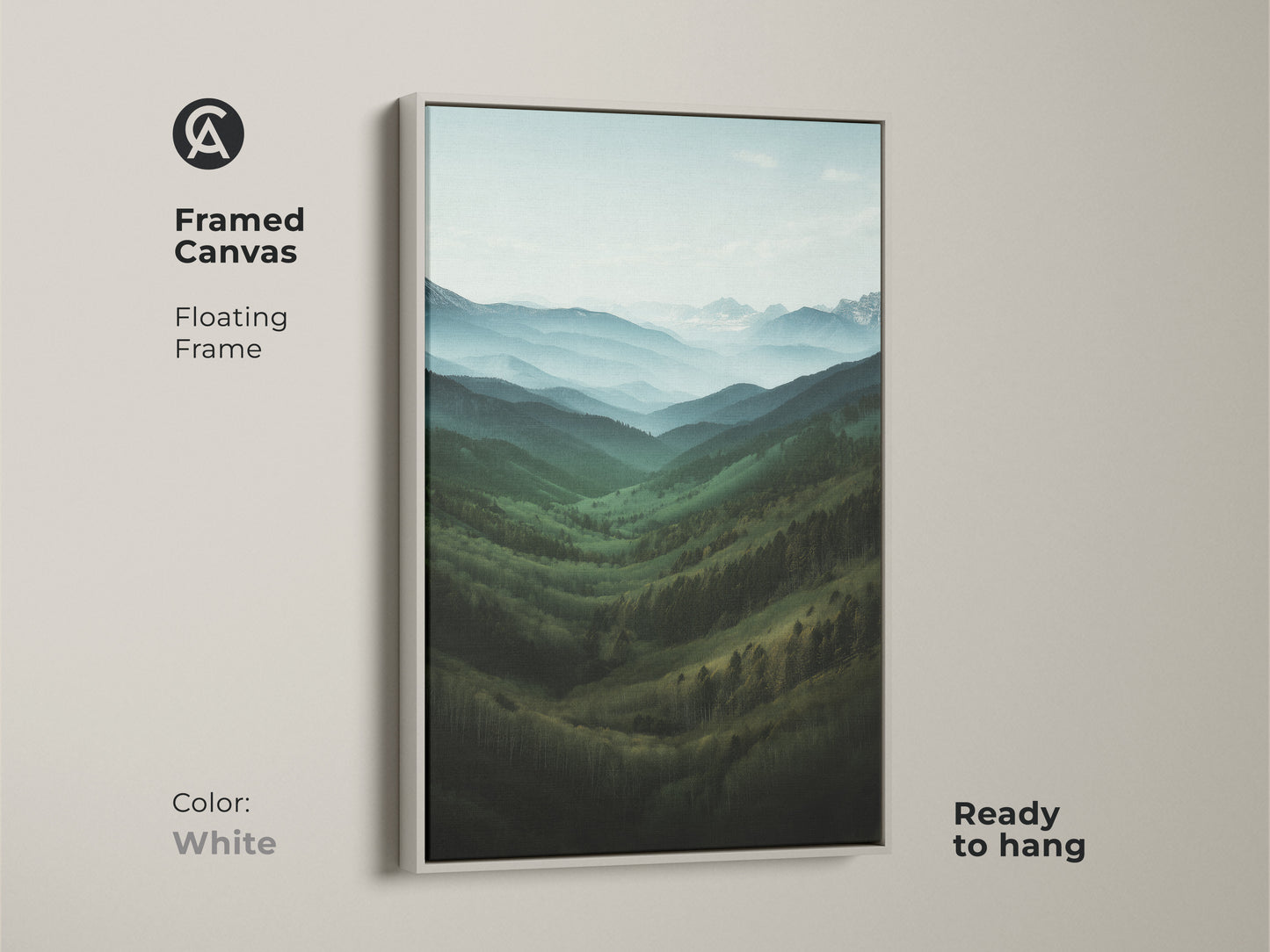 Framed canvas with a floating white frame. This forest green mountain landscape art offers a serene valley view. Ready to hang modern farmhouse bedroom wall art for any home.