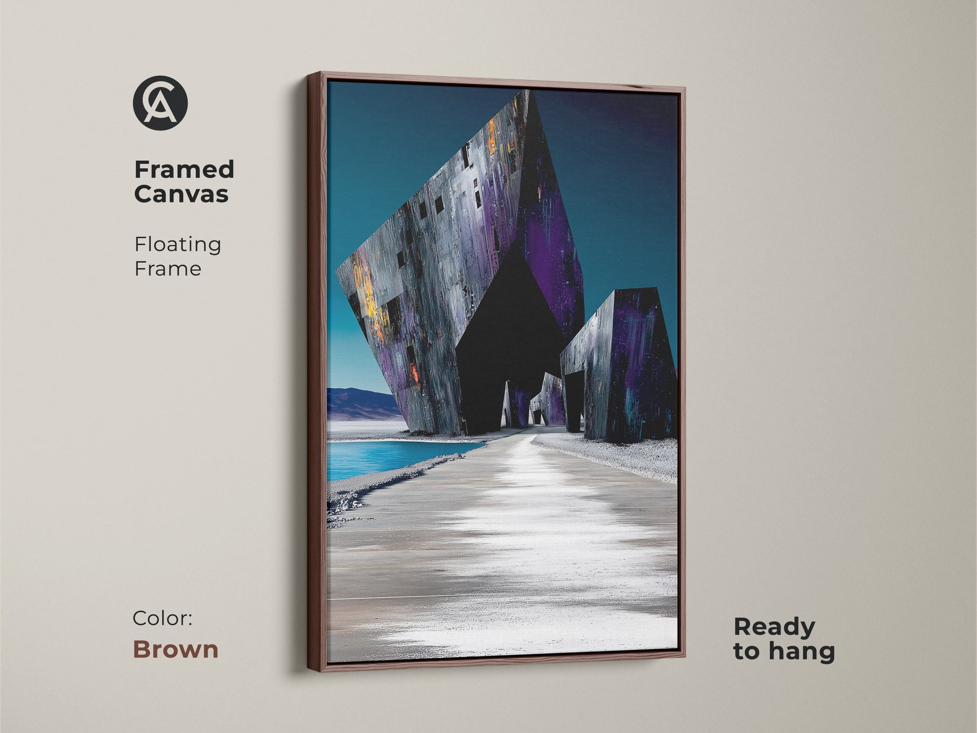 Brown framed canvas art displays an abstract geometric desert oasis. A deep purple and dark gray color scheme adds a surreal touch. The contemporary architectural artwork comes with a floating frame ready to hang.