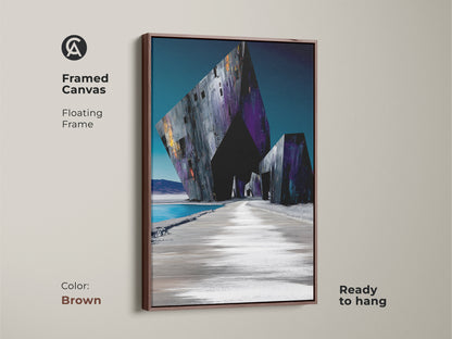 Brown framed canvas art displays an abstract geometric desert oasis. A deep purple and dark gray color scheme adds a surreal touch. The contemporary architectural artwork comes with a floating frame ready to hang.