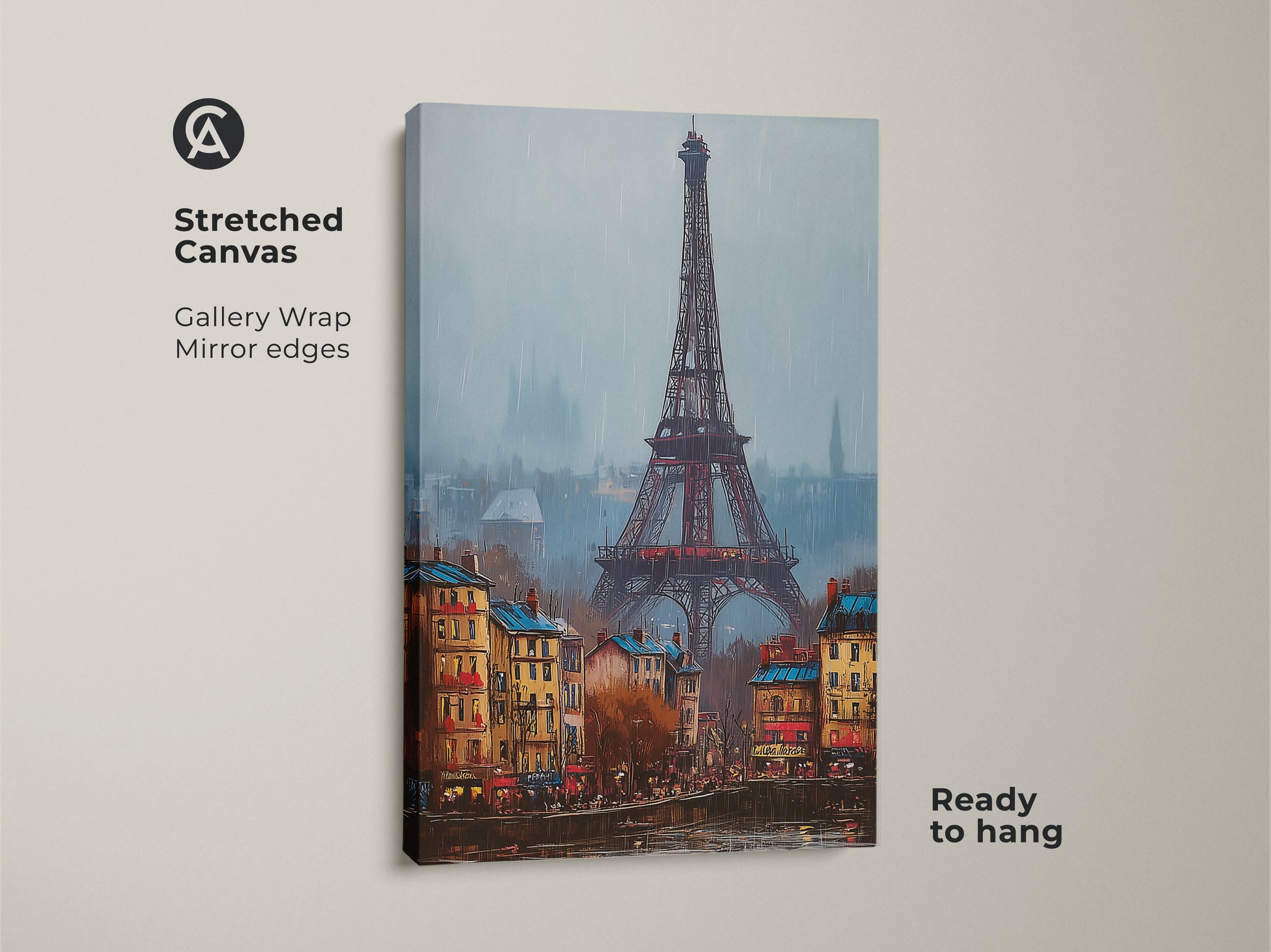 Stretched canvas artwork of the Eiffel Tower. The gallery wrapped canvas features a mirror edge. A ready to hang piece of art that captures the essence of Paris. Perfect for adding a touch of European elegance.