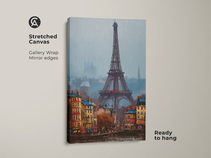 Stretched canvas artwork of the Eiffel Tower. The gallery wrapped canvas features a mirror edge. A ready to hang piece of art that captures the essence of Paris. Perfect for adding a touch of European elegance.