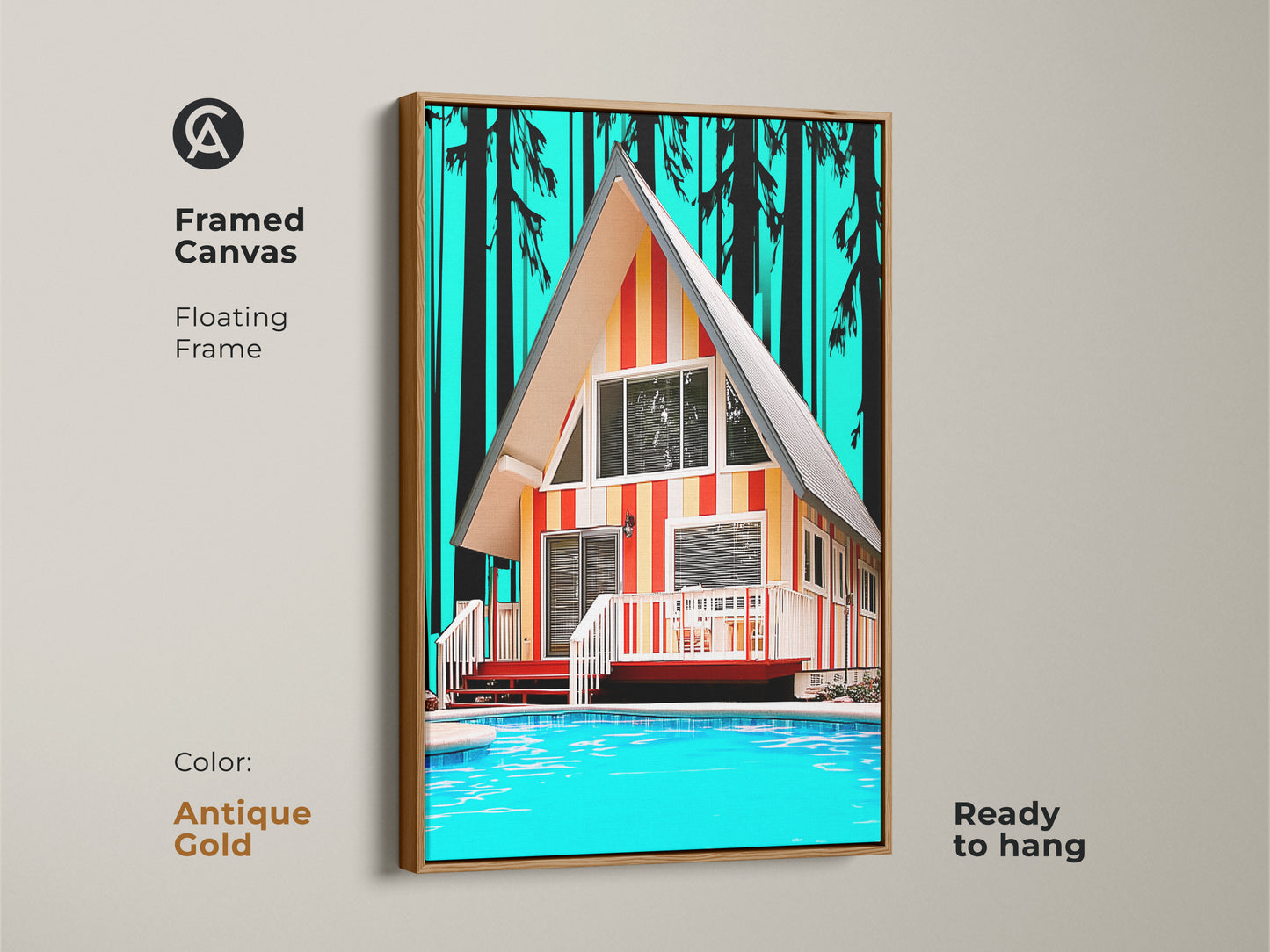 Framed canvas of Mid-Century Modern A-Frame Cabin. The antique gold floating frame enhances the retro poolside cabin artwork. Teal orange yellow art brings summer vacation vibes to your living room. Vintage architecture print is ready to hang.