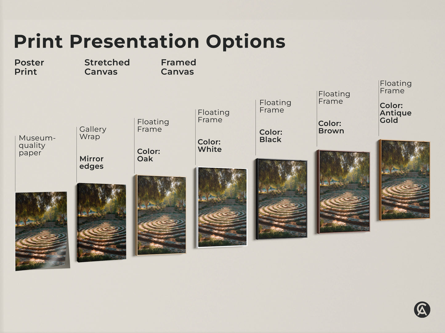 Explore print presentation options like posters stretched canvas or framed canvas. Each showcases a stone steps garden maze in gold brown green tones. Choose the perfect biophilic landscape art for your space from various floating frame colors.