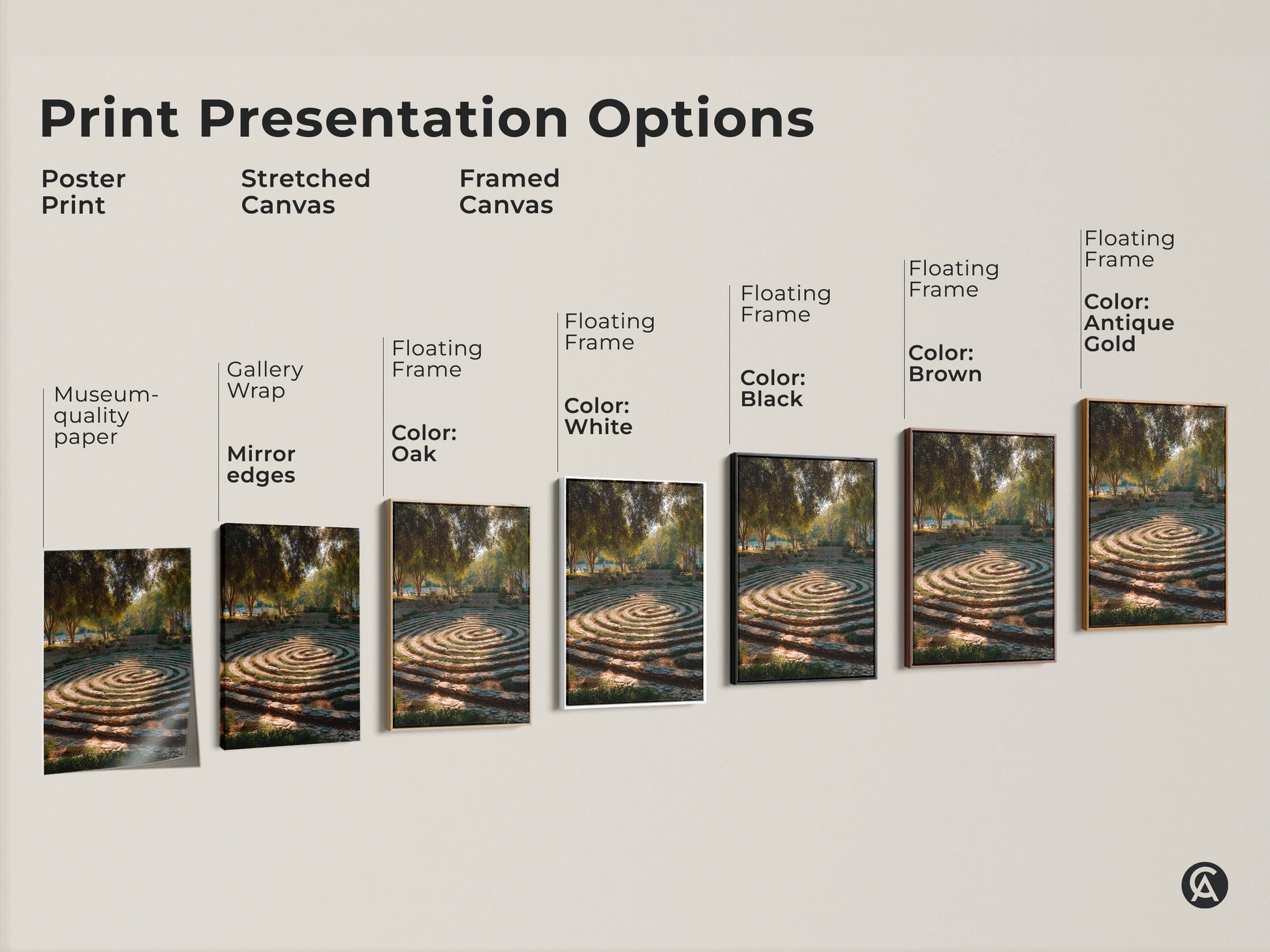 Explore print presentation options like posters stretched canvas or framed canvas. Each showcases a stone steps garden maze in gold brown green tones. Choose the perfect biophilic landscape art for your space from various floating frame colors.