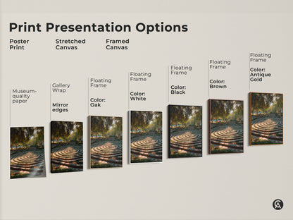 Explore print presentation options like posters stretched canvas or framed canvas. Each showcases a stone steps garden maze in gold brown green tones. Choose the perfect biophilic landscape art for your space from various floating frame colors.
