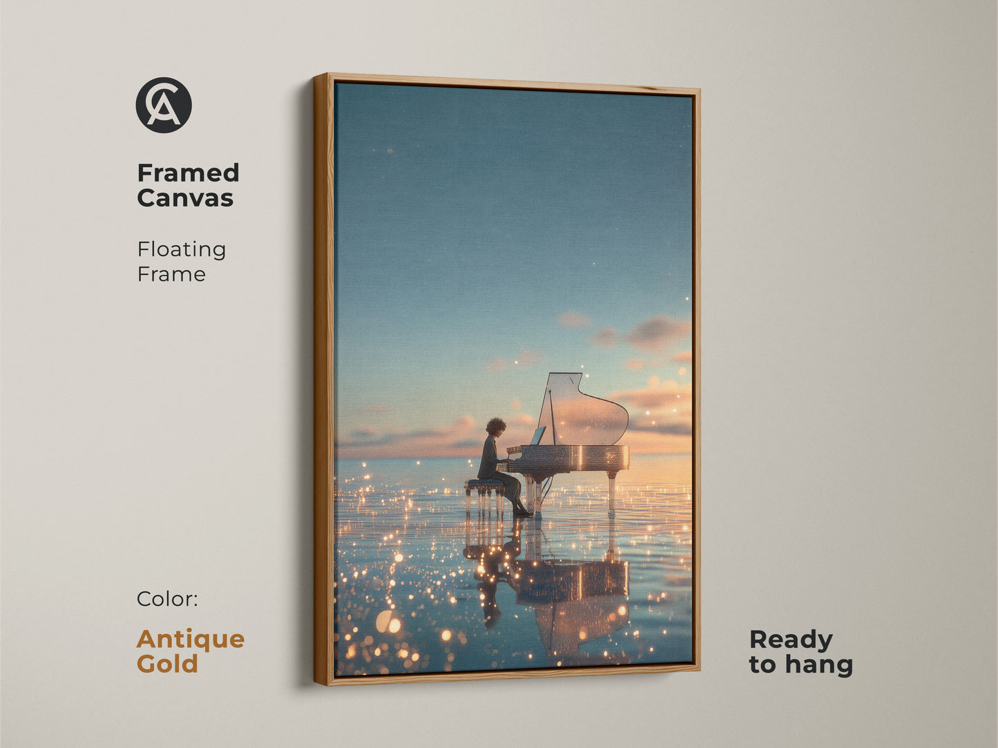 This antique gold framed canvas artwork shows a surreal scene. A person plays piano on water with a sunset in the background. The floating frame adds a vintage touch and is ready to hang.