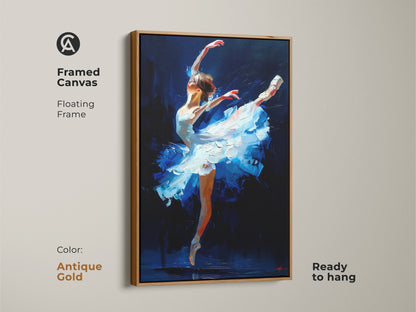 Framed canvas with a floating frame featuring ballet dancer artwork. The antique gold frame adds a touch of luxury. This painting is ready to hang. It enhances your home's aesthetic.